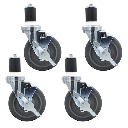 Bk Resources 5-inch Gray Rubber Stem Casters, Top Lock Brake, 250lb Capacity, 4PK 5SBR-RA-GR-PS4